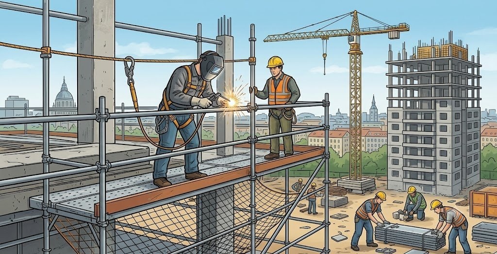 Magasban végzett munka az építőiparban: a leesés megelőzése – illusztráció